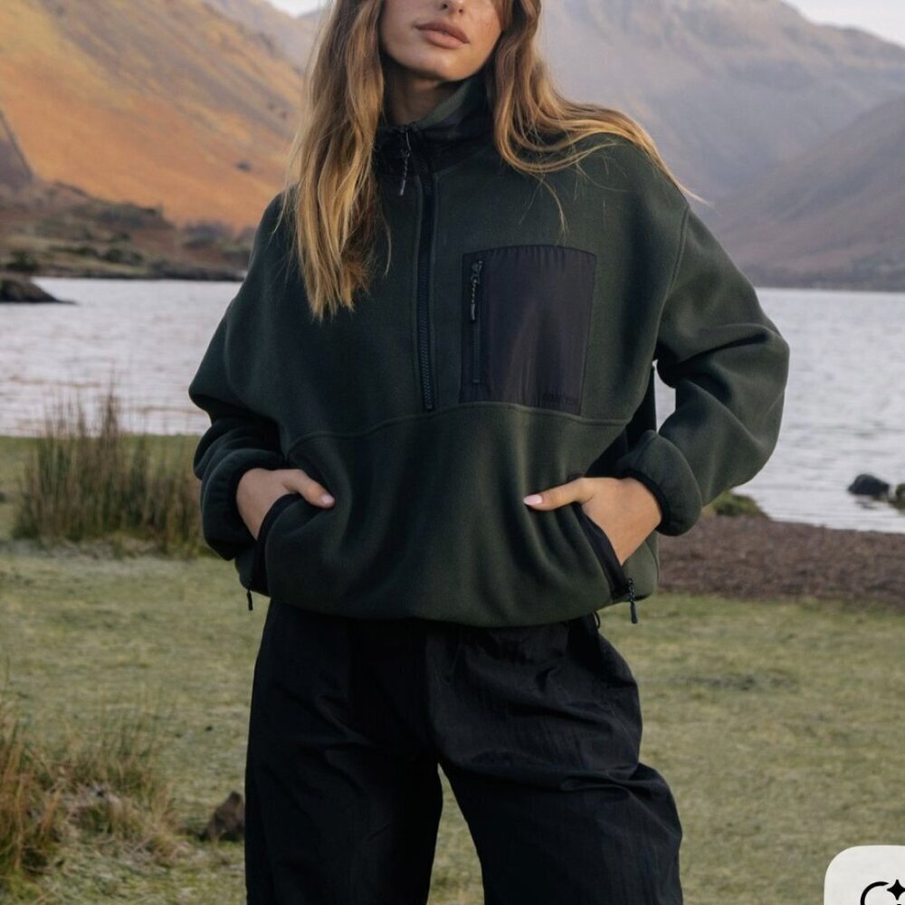 Adanola Olive Green Recycled Polyester Fleece Quarter Zip Sweater XS